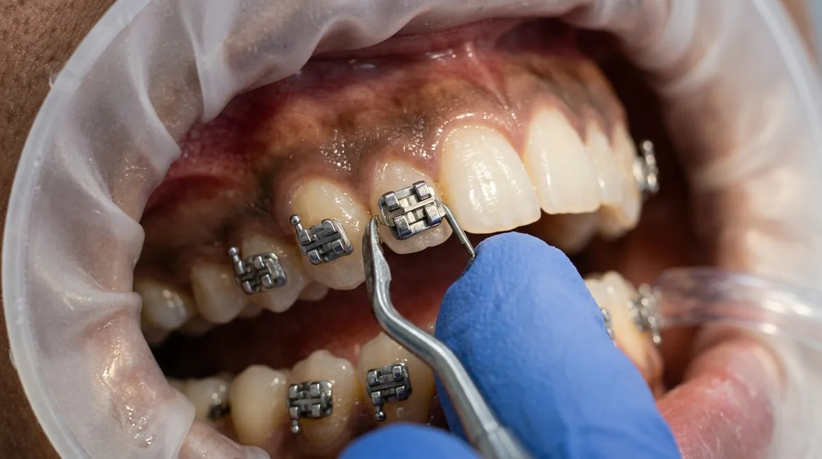 Close-up of orthodontic brackets and archwire alignment by Dr. Asad Ghafoor and Dr. Azka Zafar
