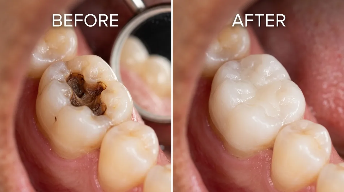 Before and after comparison of composite dental filling showing seamless tooth restoration