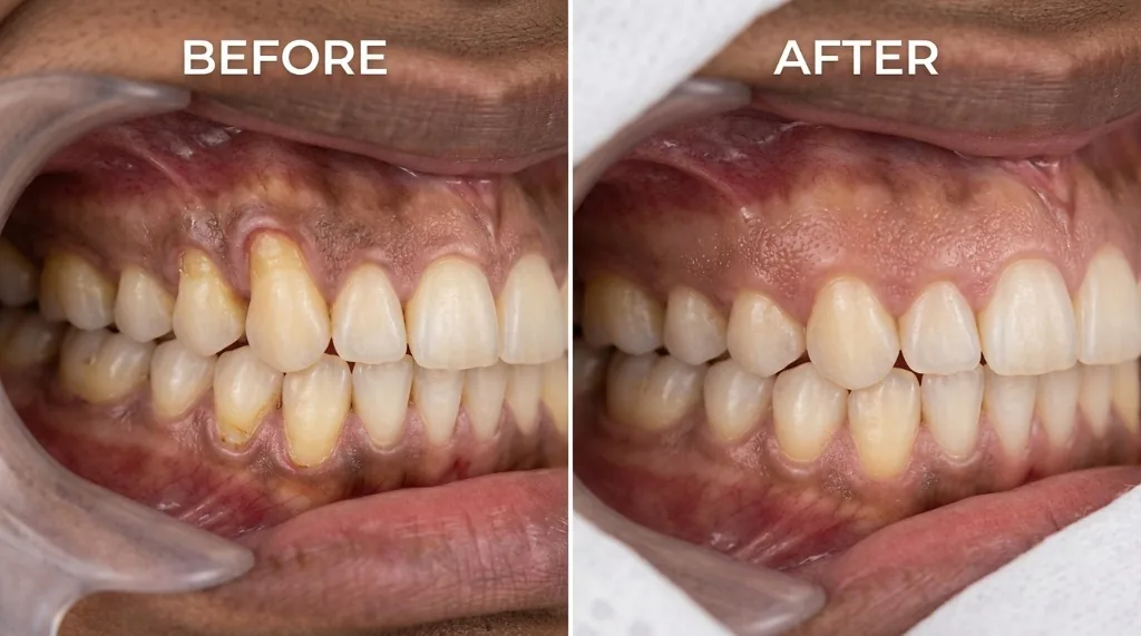 Before and after comparison of gum recession treatment and root coverage in Rahim Yar Khan
