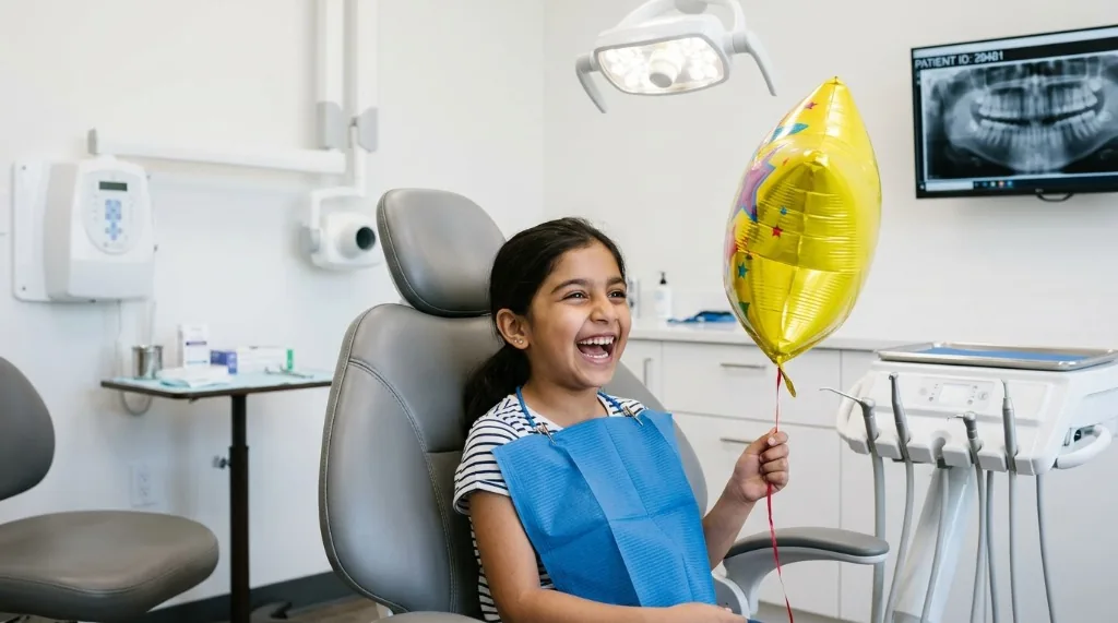 Smiling child patient comfortable in the dental chair during pediatric checkup
