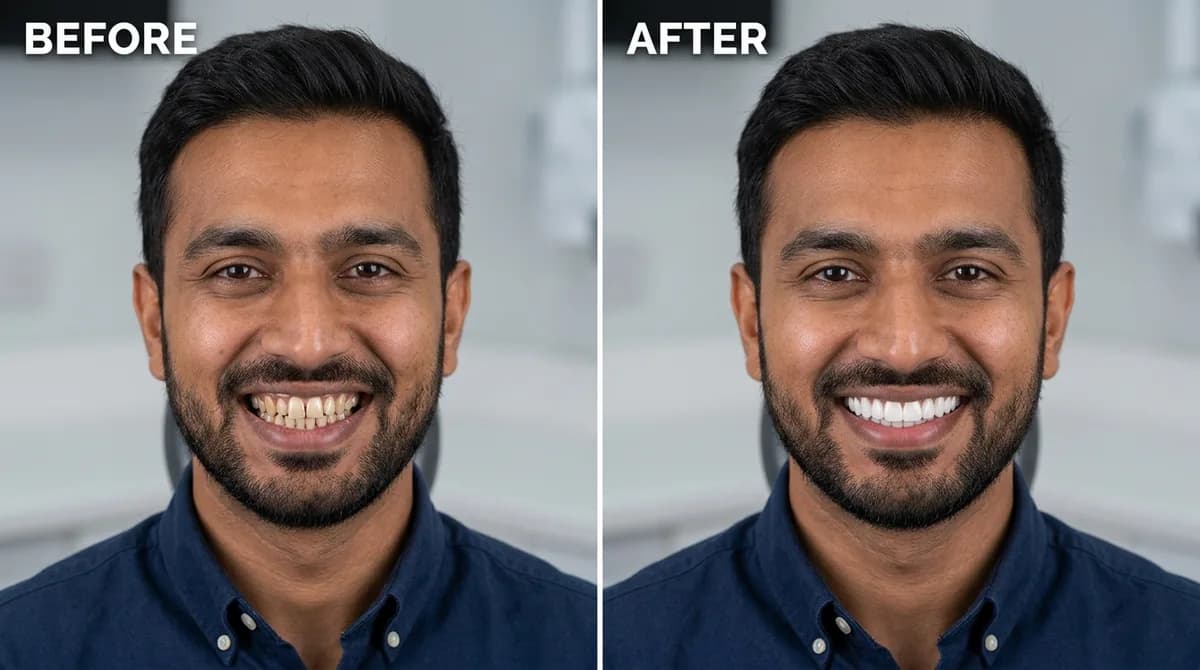 Before and after smile makeover transformation by Dr. Asad Ghafoor and Dr. Azka Zafar