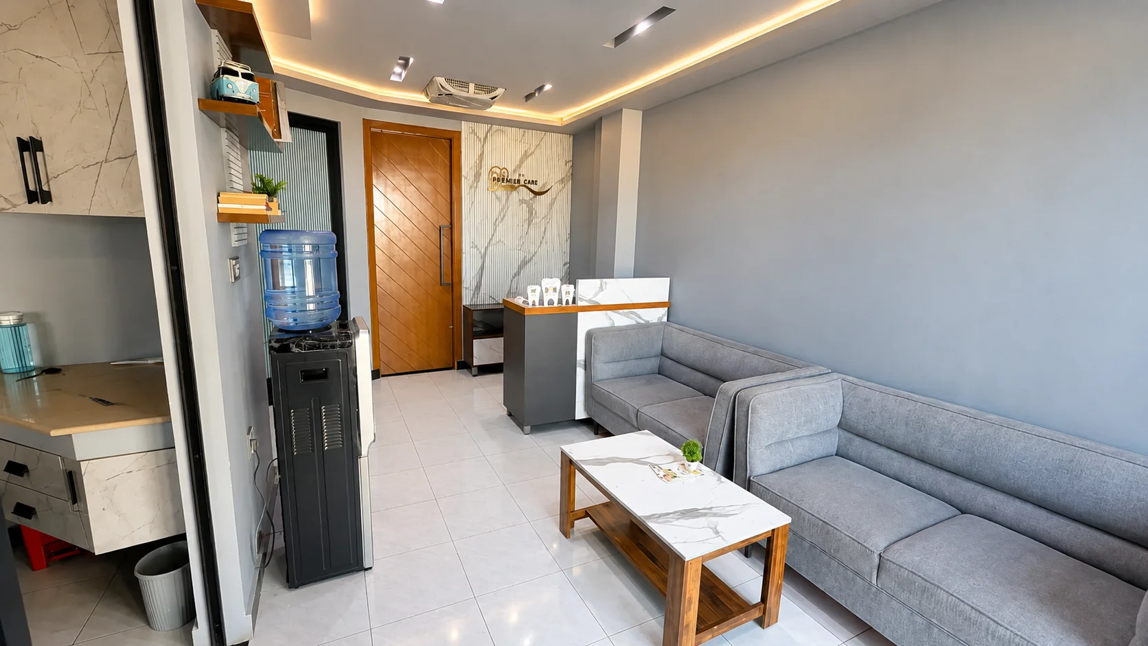 Comfortable, clean patient waiting lounge at Premier Dental Care, Rahim Yar Khan