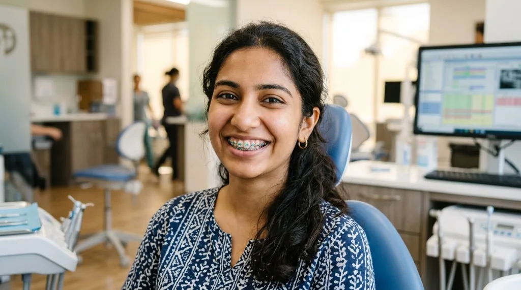 Happy smiling patient with braces in dental chair at Premier Dental Care in Rahim Yar Khan