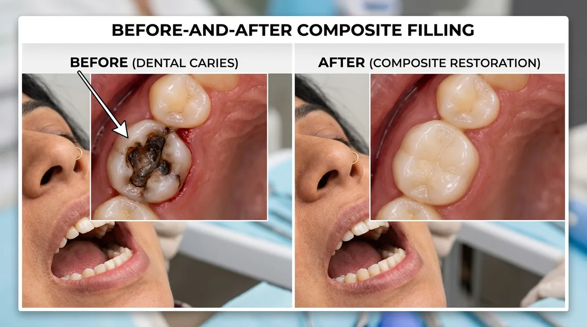 Tooth-colored composite dental filling procedure restoring a decayed tooth in Rahim Yar Khan