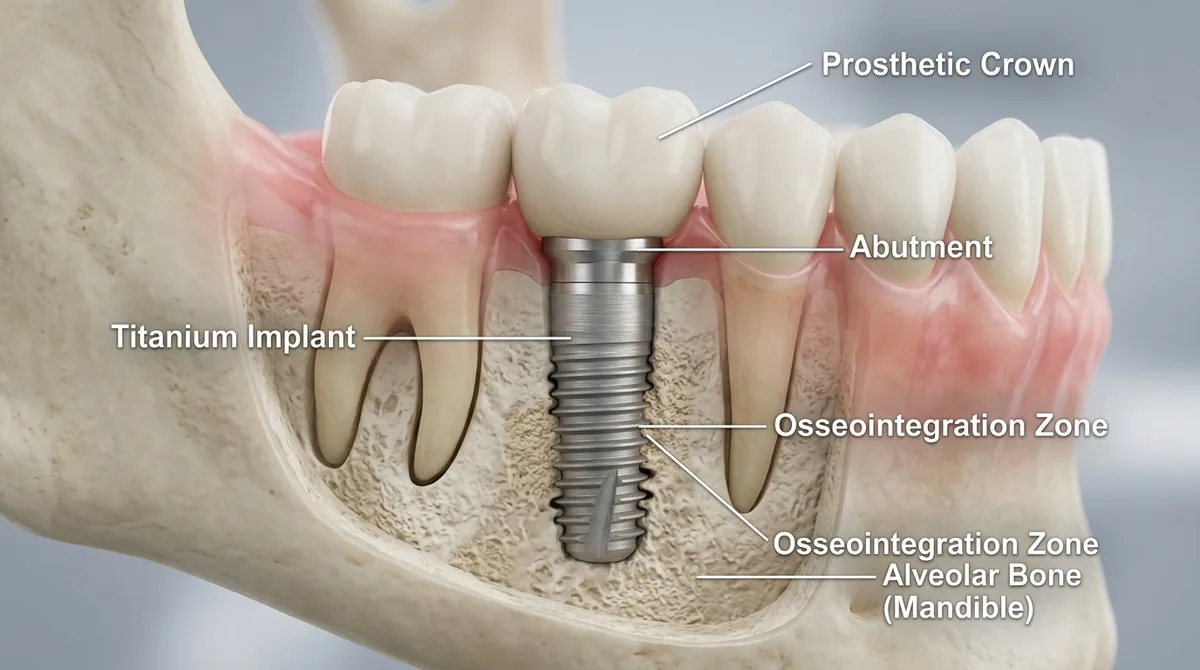 Titanium dental implant placed in jawbone with natural-looking crown in Rahim Yar Khan by Dr. Asad Ghafoor