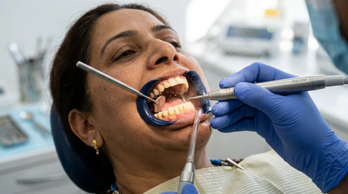 Ultrasonic teeth scaling and polishing removing plaque and calculus in Rahim Yar Khan