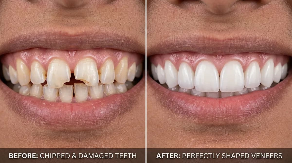 Custom porcelain veneers transforming front teeth symmetry and shade in Rahim Yar Khan